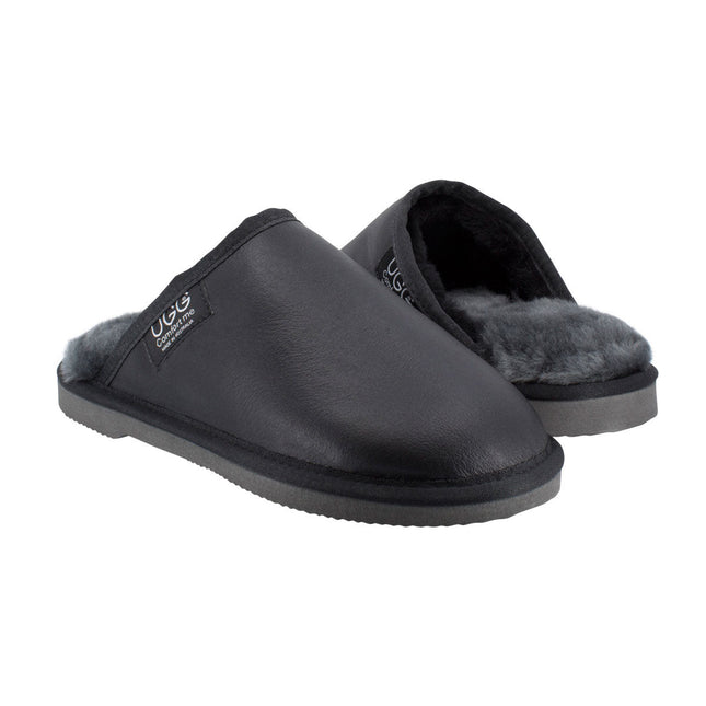 Comfort me UGG Australian Made Classic NAPPA Leather Scuffs, Slippers are Made with Australian Sheepskin for Men & Women, Black Colour 2