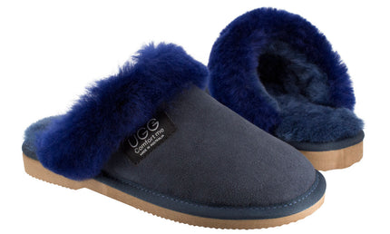 Comfort me UGG Australian Made Fur Trim Scuffs, Slippers are Made with Australian Sheepskin for Men & Women, Navy Colour 2