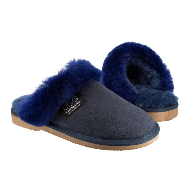 Comfort me UGG Australian Made Fur Trim Scuffs, Slippers are Made with Australian Sheepskin for Men & Women, Navy Colour 2