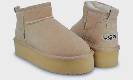 UGG Roughland® Water-Resistant Leather Suede Sheepskin Wool Ultra Mini Platform Boots