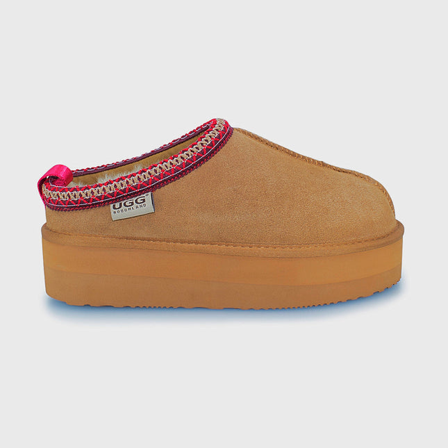 UGG Roughland® Water-Resistant Leather Suede Sheepskin Wool Tassie Moccasin Platform Slippers