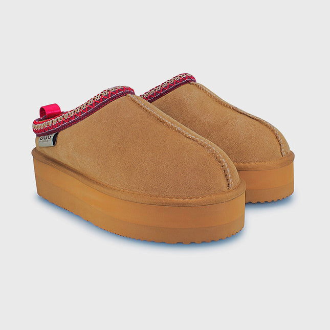 UGG Roughland® Water-Resistant Leather Suede Sheepskin Wool Tassie Moccasin Platform Slippers