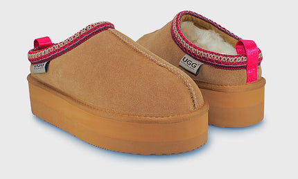 UGG Roughland® Water-Resistant Leather Suede Sheepskin Wool Tassie Moccasin Platform Slippers