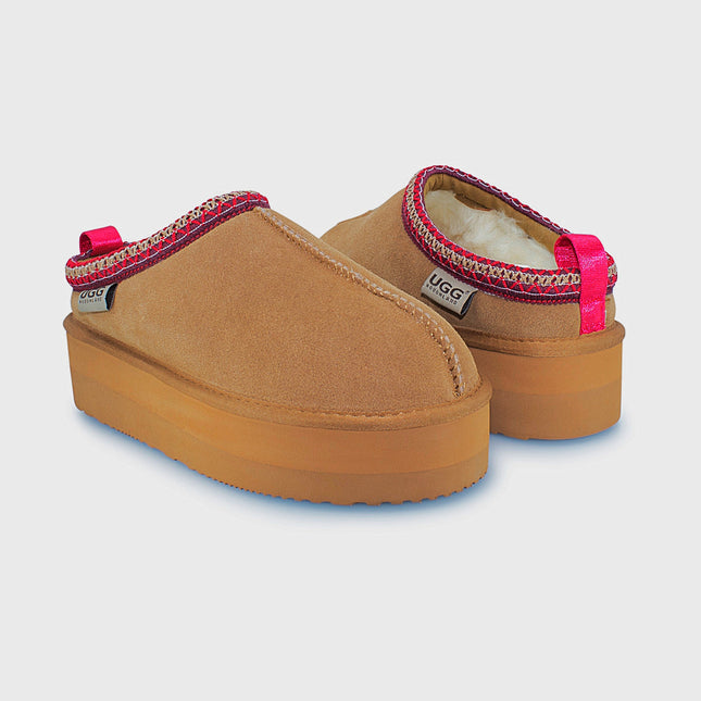 UGG Roughland® Water-Resistant Leather Suede Sheepskin Wool Tassie Moccasin Platform Slippers