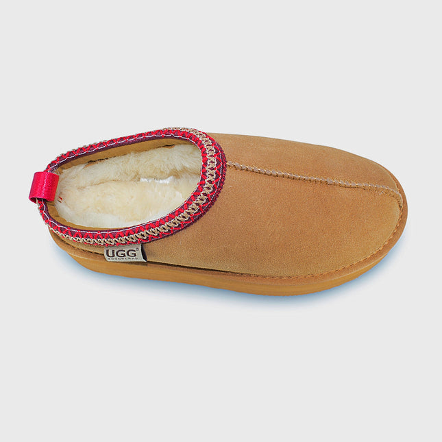 UGG Roughland® Water-Resistant Leather Suede Sheepskin Wool Tassie Moccasin Platform Slippers