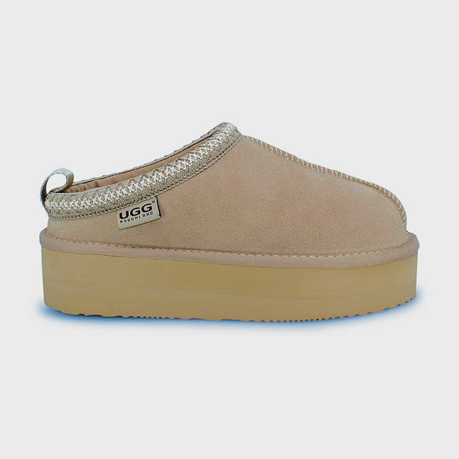 UGG Roughland® Water-Resistant Leather Suede Sheepskin Wool Tassie Moccasin Platform Slippers