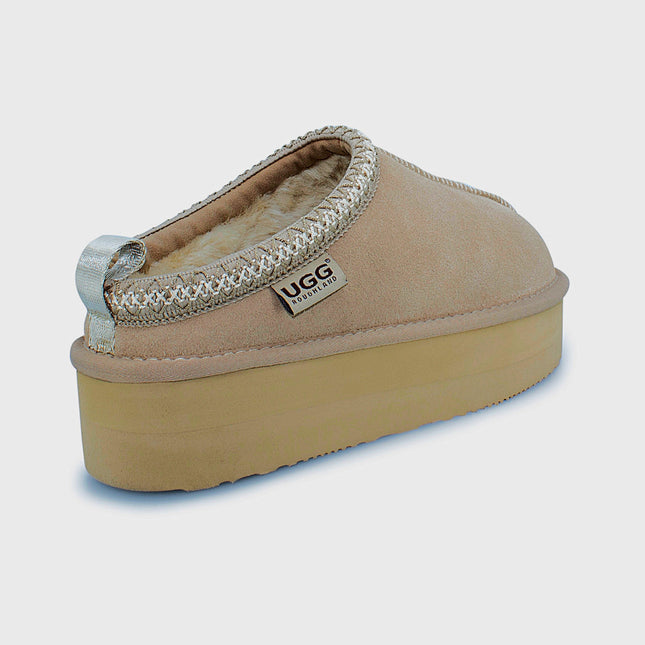 UGG Roughland® Water-Resistant Leather Suede Sheepskin Wool Tassie Moccasin Platform Slippers
