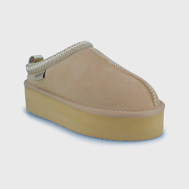 UGG Roughland® Water-Resistant Leather Suede Sheepskin Wool Tassie Moccasin Platform Slippers