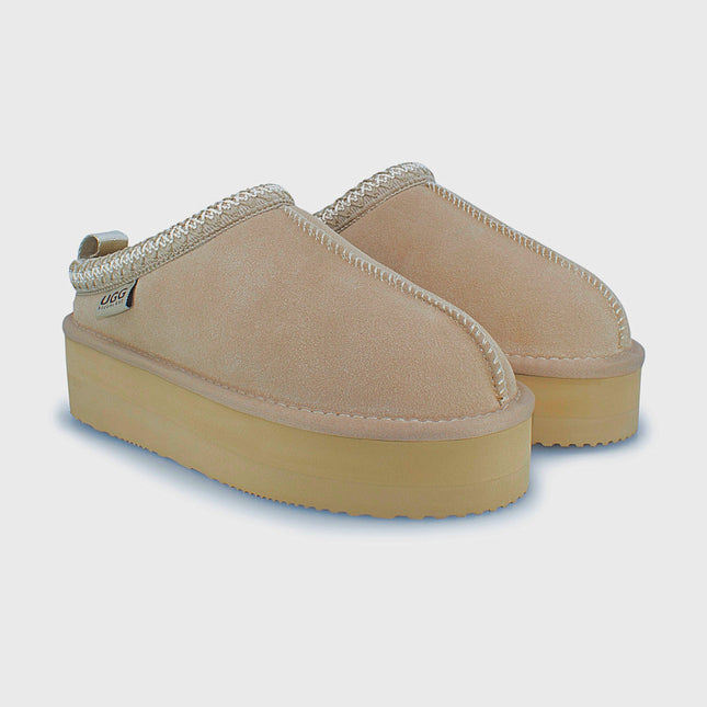 UGG Roughland® Water-Resistant Leather Suede Sheepskin Wool Tassie Moccasin Platform Slippers