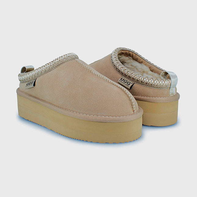 UGG Roughland® Water-Resistant Leather Suede Sheepskin Wool Tassie Moccasin Platform Slippers