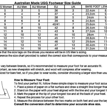 UGG boots sheepskin Australian made size chart