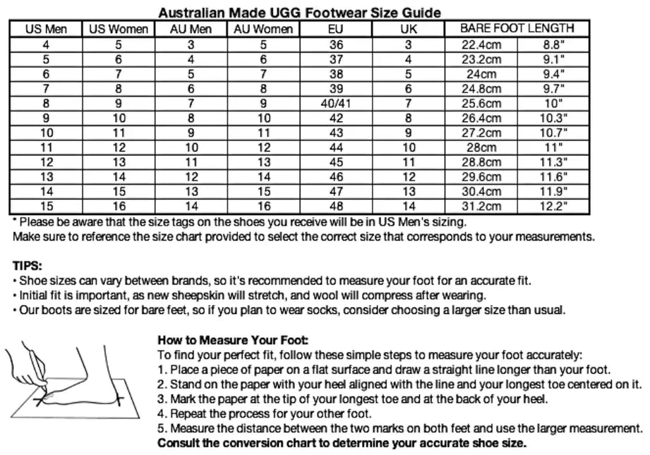 UGG boots sheepskin Australian made size chart