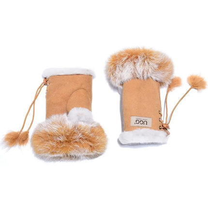 Auzland UGG, Women Fingerless, Leather Suede Gloves, Wool Lining - UGG Comfort Me